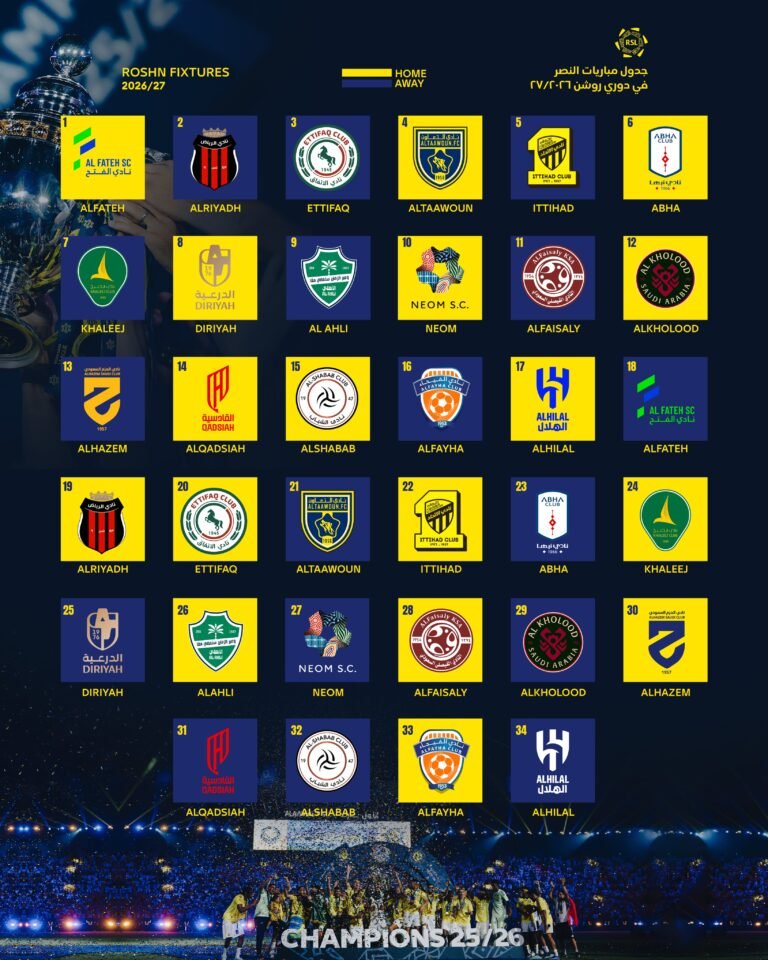  النصر يكشف عن جدول مبارياته في دوري روشن السعودي لموسم 2026/27.
